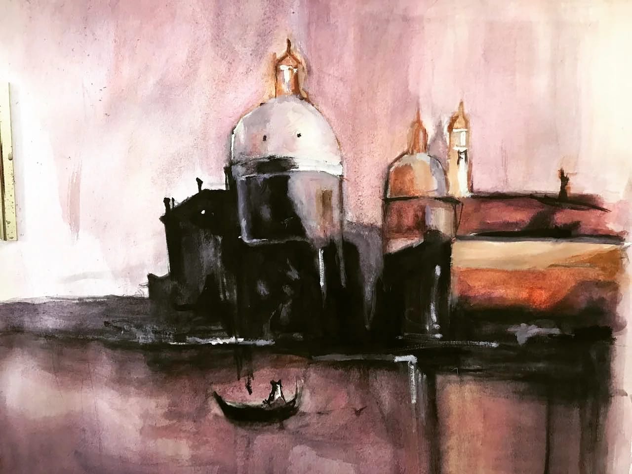 Painting of waterfront architecture with domes and a boat